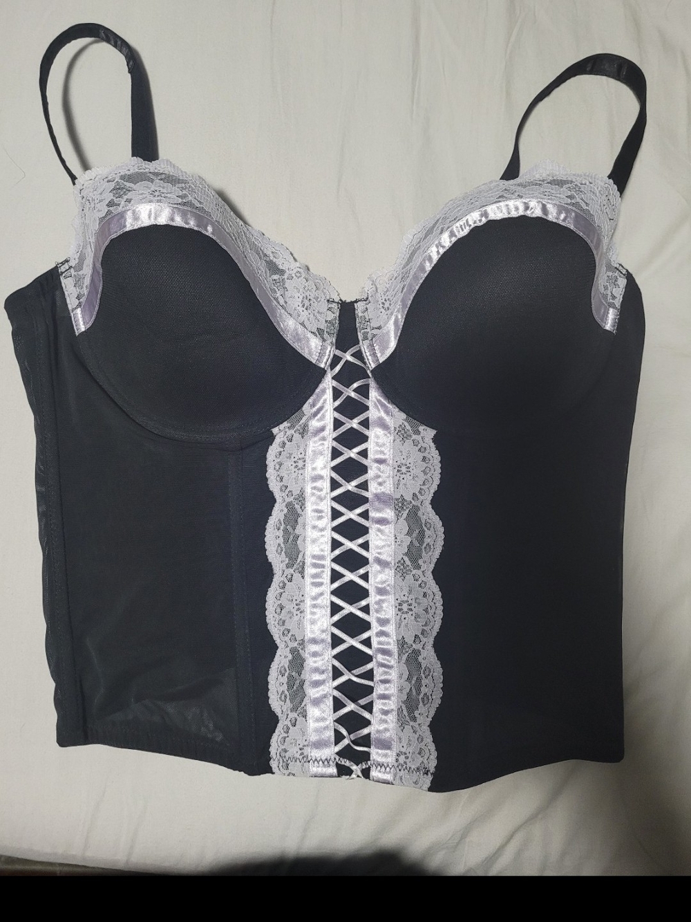 Black Bustier with White Lace Trim Cacique Lane Bryant 18/20 2X Corset Style Bra